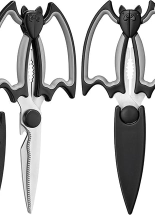 Magnetic Kitchen Scissors All Purpose 2 Pack - Halloween Bat Kitchen Shears - Heavy Duty Stainless Steel Cooking Shears for Cutting Meat, Food, Poultry - Featuring a Magnetic Protective Sheath