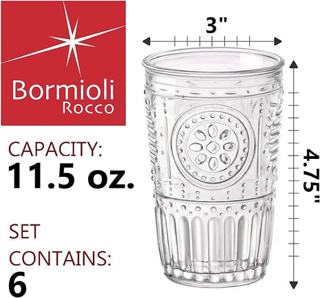 Bormioli Rocco Romantic Set Of 6 Tumbler Glasses, 11.5 Oz. Clear Crystal Glass, Made In Italy.