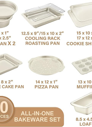 HONGBAKE Bakeware Sets, Baking Pans Set, Nonstick Oven Pan for Kitchen with Wider Grips, 10-Piece Including Rack, Cookie Sheet, Cake Pans, Loaf Pan, Muffin Pan, Pizza Pan -Cream