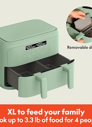 bella 4 Qt TriZone Air Fryer, EverGood™ Ceramic Nonstick Coating, Dual Basket Design w Removable Divider, Digital Touchscreen Control w 6 Preset Cooking Options, 1200 Watt, 3lb Capacity, Seaglass