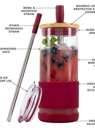 Pandaloo® Glass Cups With Lids and Straws -20 Fl Oz- Perfect Size Iced Coffee Cup - Smoothie Cup With Bamboo Lid and On the go Lid - Glass Tumbler With Straw (1 Count (Pack of 1), Boysenberry)