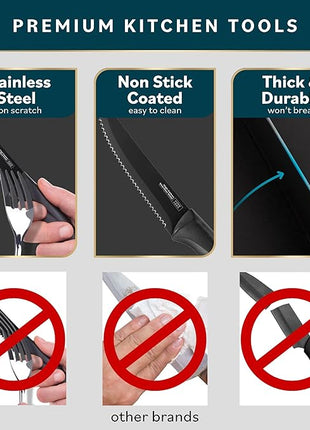 Home Hero Steak Knife Set - Nonstick Serrated Steak Knives - Stainless-Steel Kitchen Knife Set - Ergonomic TPR Handles for Precision Meat Carver - 6-Pc Set, Black