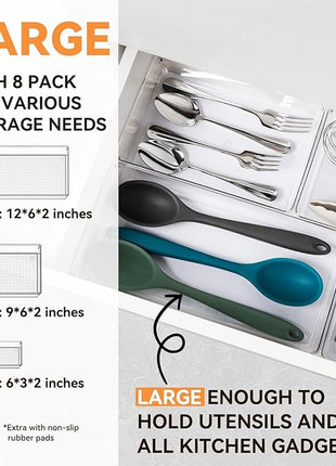 Criusia 8 Pack Drawer Organizer for Kitchen Gadgets, Large Clear Plastic Drawer Divider for Kitchen Accessories, Bathroom Organizers and Storage, Home Essentials for Makeup and Vanity Accessories