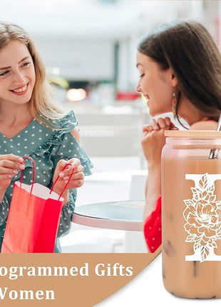 Coolife Initial Glass Cup, Monogrammed Gifts for Women, 16 oz Glass Cups w/Lids Straws, Iced Coffee Smoothie Beer Tumbler w/Straw Lid - Personalized Christmas, Birthday Gifts for Her Mom Friend Woman