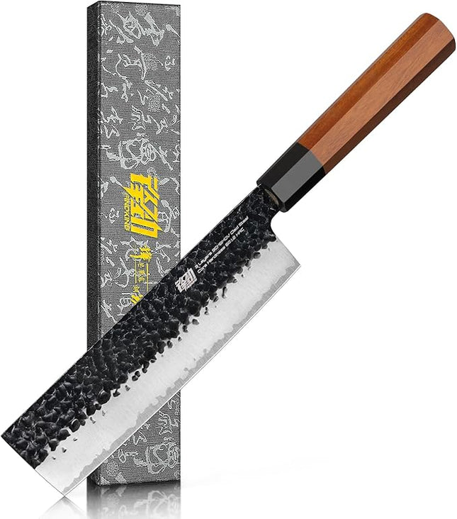 FINDKING Dynasty Series Japanese Nakiri Knife, Professional Vegetable Cleaver, 9Cr18MoV High Carbon Steel Blade, African Rosewood Octagonal Handle, for Shred, Slicing, Mincing, 7 Inches