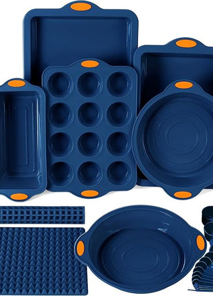 To encounter 8 in 1 Silicone Baking Set - 6 Cake Molds - 2 Silicone Baking Mat, Nonstick Cookie Sheet, Cake Muffin Bread Pan with Grips and Metal Reinforced Frame More Strength, Navy Blue