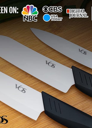 Vos Ceramic Knife Set in Elegant Gift Box, Ceramic Knives Set For Kitchen, Ultra Sharp Kitchen Knife Set with Covers, 4" 5" 6" Paring, Santoku & Chef Knife, Lightweight, Dishwasher safe (Black Handle)