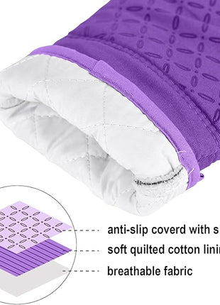 KEGOUU Oven Mitts and Pot Holders 6pcs Set, Kitchen Oven Glove High Heat Resistant 500 Degree Extra Long Oven Mitts and Potholder with Non-Slip Silicone Surface for Cooking (Purple)