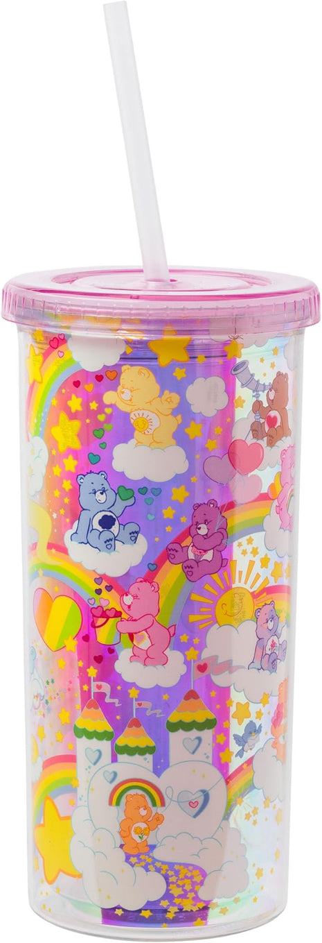 Silver Buffalo Care Bears Rainbow Stars Featuring Funshine, Grumpy, Cheer, Tenderheart Iridescent Plastic Tall Cold Cup With Lid and Straw, 20 Ounces