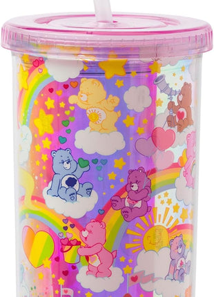 Silver Buffalo Care Bears Rainbow Stars Featuring Funshine, Grumpy, Cheer, Tenderheart Iridescent Plastic Tall Cold Cup With Lid and Straw, 20 Ounces