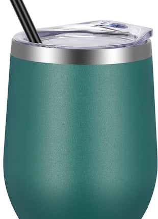 VEGOND 12oz Stainless Steel Wine Tumbler with Lid and Straw, Double Wall Vacuum Insulated Stemless Wine Glass Tumbler Cup, Coffee Mug for Cold Hot Drinks