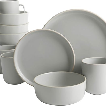 Gibson Home Zuma 16 Piece Round Kitchen Dinnerware Set, Dishes, Plates, Bowls, Mugs, Service for 4, Matte Stoneware, Light Grey