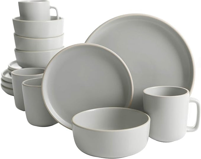 Gibson Home Zuma 16 Piece Round Kitchen Dinnerware Set, Dishes, Plates, Bowls, Mugs, Service for 4, Matte Stoneware, Light Grey