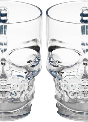 Circleware Skull Face Beer Mug Drinking Glasses with Handle, Set of 2, Heavy Base Funny Entertainment Glassware for Water, Juice and Halloween Decorations Beverage Gifts, 17.6 oz.