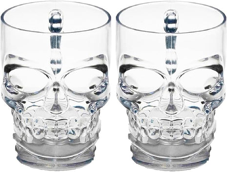 Circleware Skull Face Beer Mug Drinking Glasses with Handle, Set of 2, Heavy Base Funny Entertainment Glassware for Water, Juice and Halloween Decorations Beverage Gifts, 17.6 oz.