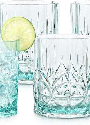 BELLAFORTE Shatterproof Tritan Plastic Short Tumbler, Set of 4, 13oz - Myrtle Beach Unbreakable Crystal Cut Old Fashioned Drinking Glasses for Whiskey - BPA Free - Dishwasher Safe - Teal
