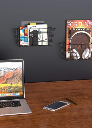 MaraFansie Over the Cabinet Door Organizer Wall Wire Baskets Hanging Kitchen Basket Shelf for Cabinet & Pantry Organization and Kitchen, Bathroom, Bedroom Storage, with Adhesive, Black, 3 Pack