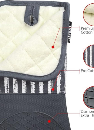 Silicone Oven Mitts Heat Resistant 932℉ with Waterproof & Non-Slip Kitchen Mittens, Set of 2 Extra Long Oven Gloves with Soft Cotton Terry Lining for Baking Cooking Barbecue