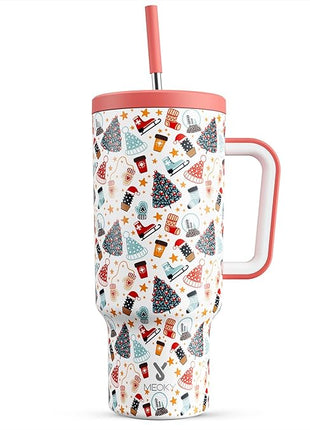 Meoky 40 oz Christmas Tumbler with Handle and Straw, Xmas Tumbler with Lid and Straw, Insulated Stainless Steel Travel Mug, Christmas Gifts for Women Men Adults (Snowy Fir)