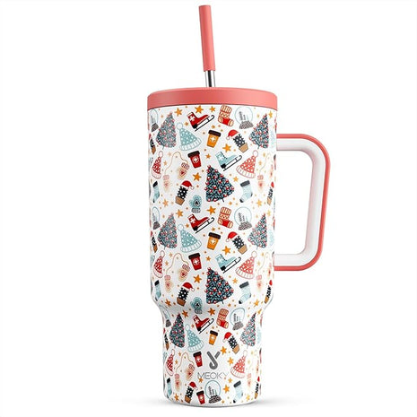 Meoky 40 oz Christmas Tumbler with Handle and Straw, Xmas Tumbler with Lid and Straw, Insulated Stainless Steel Travel Mug, Christmas Gifts for Women Men Adults (Snowy Fir)