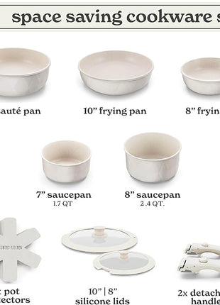 Country Kitchen Cookware Set with Removable Handle, Oven & RV Safe Pots and Pans Set, Cream Diamond, Original