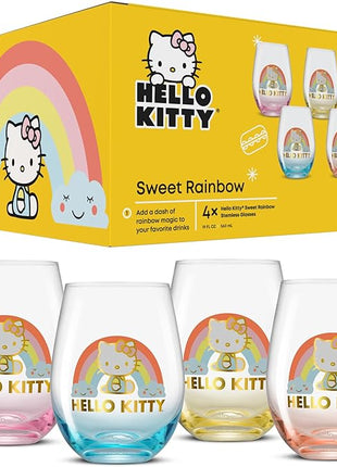 JoyJolt Hello Kitty Sweet Rainbow Stemless Drinking Glasses Set of 4, 19oz Glass Cups, Kawaii Kitchen Glassware Sets, Sanrio Hello Kitty Merch, Teardrop Tumblers for Water, Juice, Coffee, Iced Tea