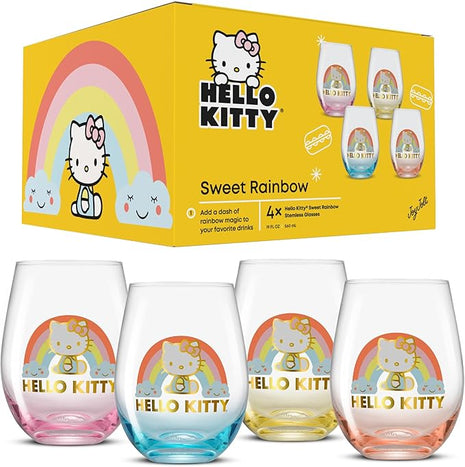 JoyJolt Hello Kitty Sweet Rainbow Stemless Drinking Glasses Set of 4, 19oz Glass Cups, Kawaii Kitchen Glassware Sets, Sanrio Hello Kitty Merch, Teardrop Tumblers for Water, Juice, Coffee, Iced Tea