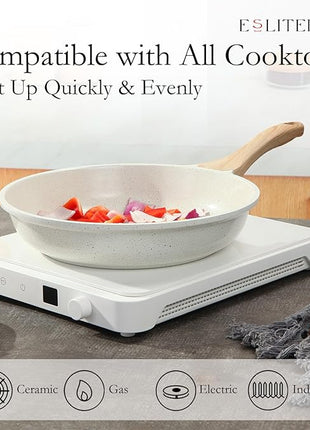 ESLITE LIFE Nonstick Ceramic Frying Pan Skillet with Lid, Non-Toxic Egg Omelette Kitchen Cooking Pans Compatible with All Stovetops (Gas, Electric & Induction), PTFE & PFOA Free (White, 9.5" w/Lid)