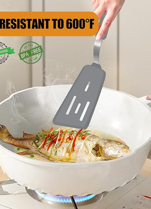 Silicone Spatula Turner Set of 3, Beijiyi 600°F Heat Resistant Cooking Spatulas for Nonstick Cookware, Large Flexible Kitchen Utensils BPA Free Rubber Spatula Set for Egg, Pancake, Fish (Gray)