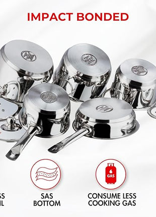 Vinod Stainless Steel Induction Friendly Tuscany Set 5 Pieces - Saucepan (14 cm/1.3 Litre), 3 Cassseroles (14 cm,16 cm & 18 cm/1.3,2 & 2.8 Litre), Frypan (18 cm) & 3 Glass Lids