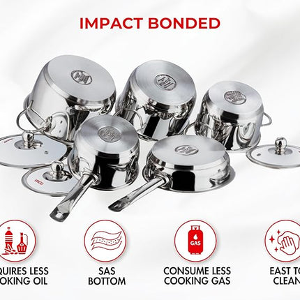 Vinod Stainless Steel Induction Friendly Tuscany Set 5 Pieces - Saucepan (14 cm/1.3 Litre), 3 Cassseroles (14 cm,16 cm & 18 cm/1.3,2 & 2.8 Litre), Frypan (18 cm) & 3 Glass Lids