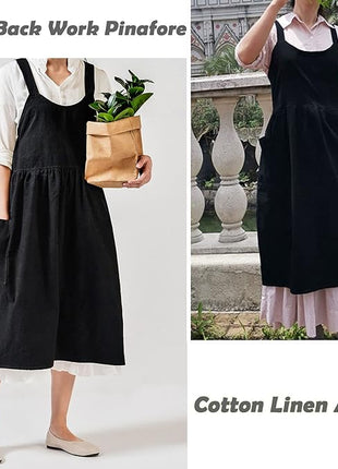 Uaussi Cotton Linen Apron Cross Back Work Apron for Women with Pockets Pinafore Dress X Cross Halter Apron for Chef Gardening