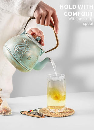 Toptier Teapot with Removable Infuser, Cast Iron Tea Kettle Stovetop Safe, Squirrel Design Tea Pot Coated with Enameled Interior for 32 Ounce (950 ml), Aqua