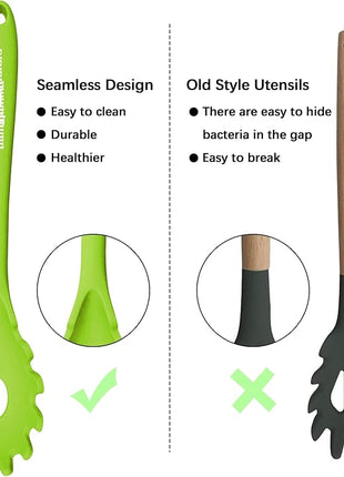 Silicone Cooking Spoons, Heat Resistant Large Silicone Pasta Slotted Spoon Solid Basting Spoon set for Nonstick Cookware, BPA Free Black Kitchen Silicone Spoons set for Mixing, Serving, Draining Green