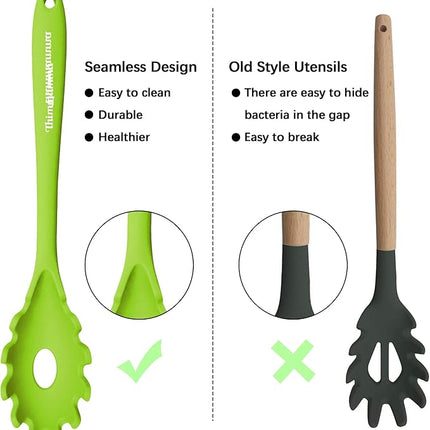 Silicone Cooking Spoons, Heat Resistant Large Silicone Pasta Slotted Spoon Solid Basting Spoon set for Nonstick Cookware, BPA Free Black Kitchen Silicone Spoons set for Mixing, Serving, Draining Green