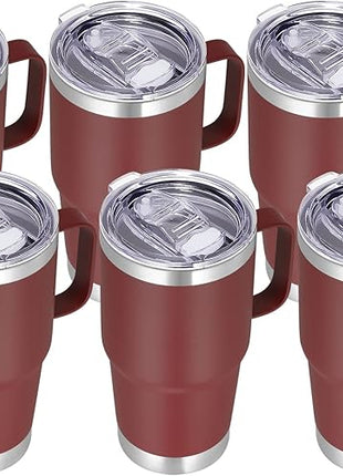 VEGOND 20 oz Tumbler Bulk with Handle Lid and Straw, Stainless Steel Insulated Travel Coffee Mug Set, Spill Proof Double Wall Metal Tumblers Cups, Wine Red 6 Pack