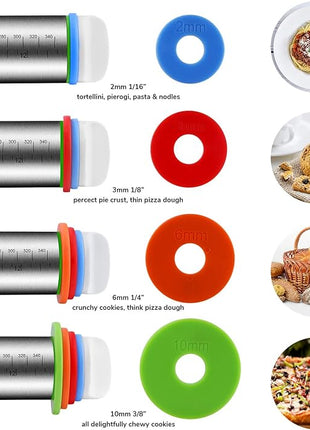 Rolling Pin and Pastry Baking Mat Set, Rolling Pins with Adjustable Thickness Rings, Stainless Steel Dough Roller for Baking Fondant, Pizza, Pie, Pastry, Pasta, Cookies (Black Mat)