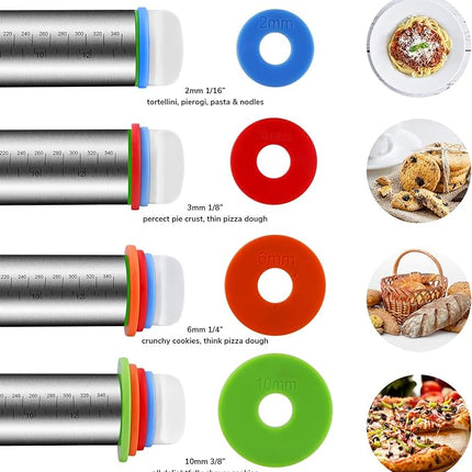 Rolling Pin and Pastry Baking Mat Set, Rolling Pins with Adjustable Thickness Rings, Stainless Steel Dough Roller for Baking Fondant, Pizza, Pie, Pastry, Pasta, Cookies (Black Mat)