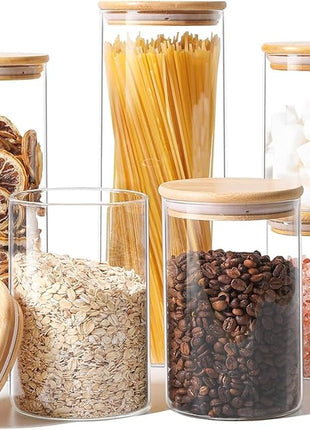 ComSaf Glass Food Storage Jars Set of 6, Clear Glass Storage Containers with Lids, Canisters Sets for the kitchen, Spaghetti, Pasta, Flour, Nuts, Oat, Coffee and Sugar Container, Pantry Organization
