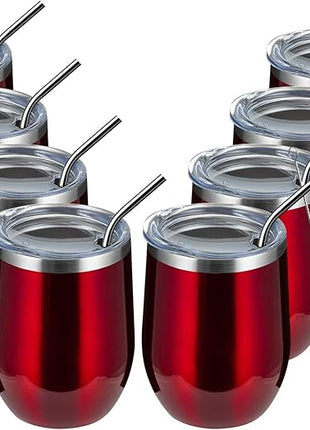 MEWAY 12oz/8 Pack Wine Tumbler Glasses with Lid - Stemless Double Wall Vacuum Stainless Steel Travel Tumbler - Keeping Cold & Hot for Wine,Coffee,Cocktails,Gifts (Burgundy,Set of 8)