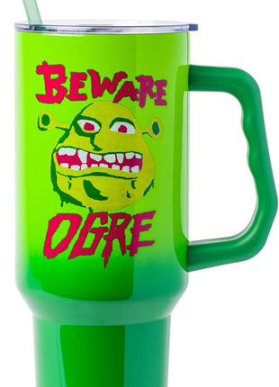 Silver Buffalo Shrek Beware Ogre Stainless Steel Tumbler with Handle and Straw, Fits in Standard Cup Holder, 40 Ounces