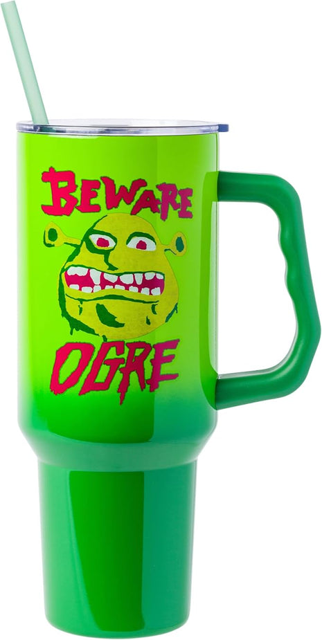 Silver Buffalo Shrek Beware Ogre Stainless Steel Tumbler with Handle and Straw, Fits in Standard Cup Holder, 40 Ounces