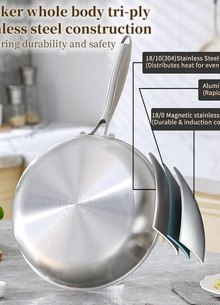 DELARLO Kitchen Whole Body Tri-Ply Stainless Steel Frying Pan, 12 inch,Stainless Steel, Oven safe induction skillet, Pots and Pans set,Suitable for All Stove