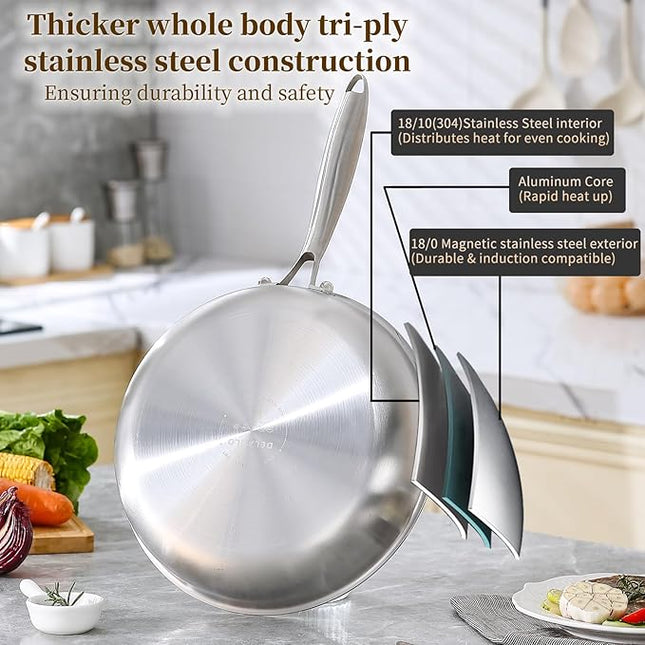 DELARLO Stainless Steel Pan丨10 Inch Skillet with Lid丨Oven Safe Up to 600℉丨Triply Stainless Steel Cookware丨Stainless Steel Pan 10 in丨Induction Compatible丨Fast Even Heat丨Large Cooking Surface