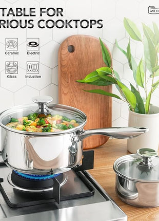 MICHELANGELO 1Qt & 2Qt Tri-ply Stainless Steel Saucepan Set, Small Cooking Pots with Tempered Glass Lids, Induction Ready, Oven & Dishwasher Safe, Multipurpose Sauce Pans for Home Kitchen & Restaurant