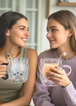 Gifts for Women Cat Gifts Double Walled Glass Coffee Latte Cup Cute Stuff Cat Mug Gifts for Her Christmas Stocking Fillers,Birthday,Valentines,Halloween Presents for Women,Kid,Mum,Teacher
