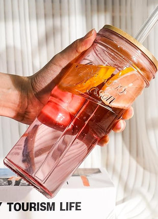 ANOTION Glass Cups with Lids and Straws, 24oz Pink Glass Tumbler Travel Coffee Mug Bamboo Mason Jar Iced Cup Smoothie Tea Clear Cute Water Drinking Jars Glasses