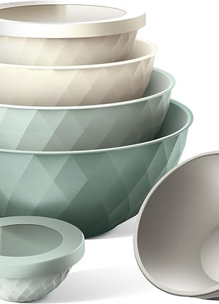 COOK WITH COLOR Mixing Bowls with Lids - 12 Piece Plastic Nesting Bowls Set includes 6 Prep Bowls and 6 Lids, Diamond Design - Microwave Safe, Mint