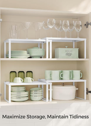 SONGMICS Spice Racks, Set of 4 Metal Cabinet Shelf Organizers, Countertop Organizers, Shelf Risers, Stackable, Expandable, White UKCS006W01