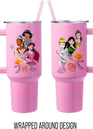 Silver Buffalo Disney Princess Featuring Cinderella, Mulan, Belle, Ariel, Tiana, and Jasmine Stainless Steel Tumbler with Handle and Straw, Fits in Standard Cup Holder, 40 Ounces